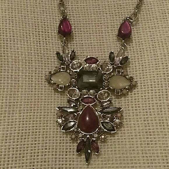 White House Black Market Silver Chain Long Necklace With Pink & Gray Rhinestones - Picture 3 of 6